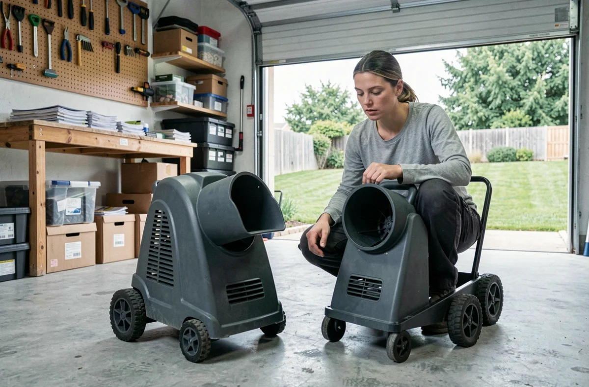 Femme comparant deux modèles de broyeurs à végétaux dans un garage