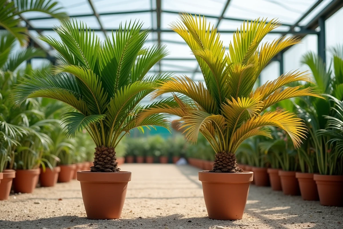 Comparaison côte à côte d'un palmier sain aux feuilles vertes et d'un palmier infesté aux feuilles jaunes dans une jardinerie en plein air