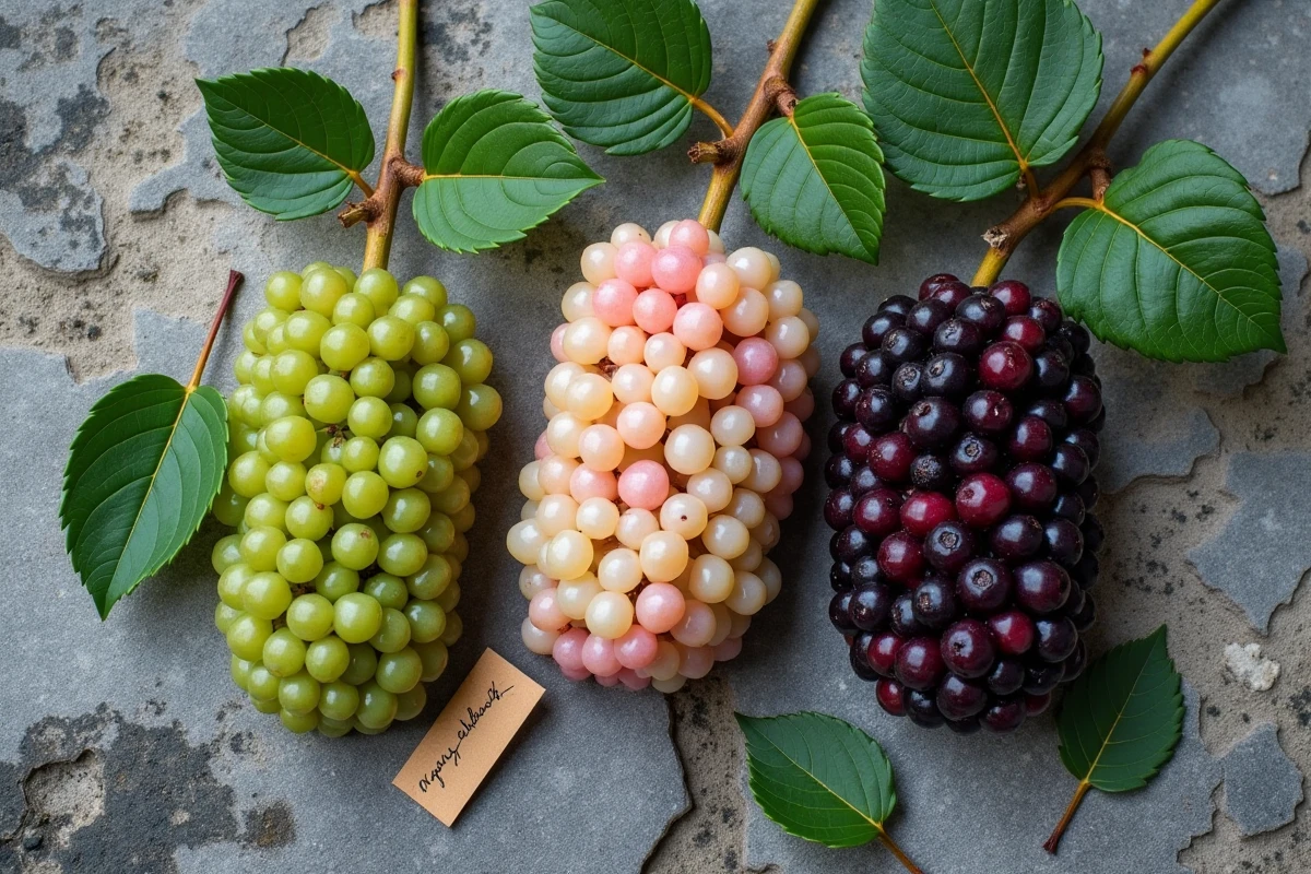 Vue de dessus d'une comparaison de fruits de mûrier platane à différents stades de maturité sur une pierre mousseuse, accompagnés de feuilles et d'une note botanique