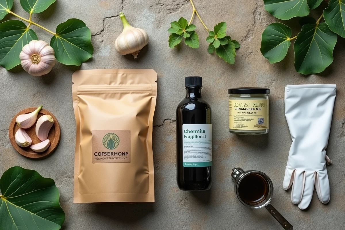 Comparaison entre traitements biologiques et chimiques pour soigner les maladies du figuier, présentés en flat lay