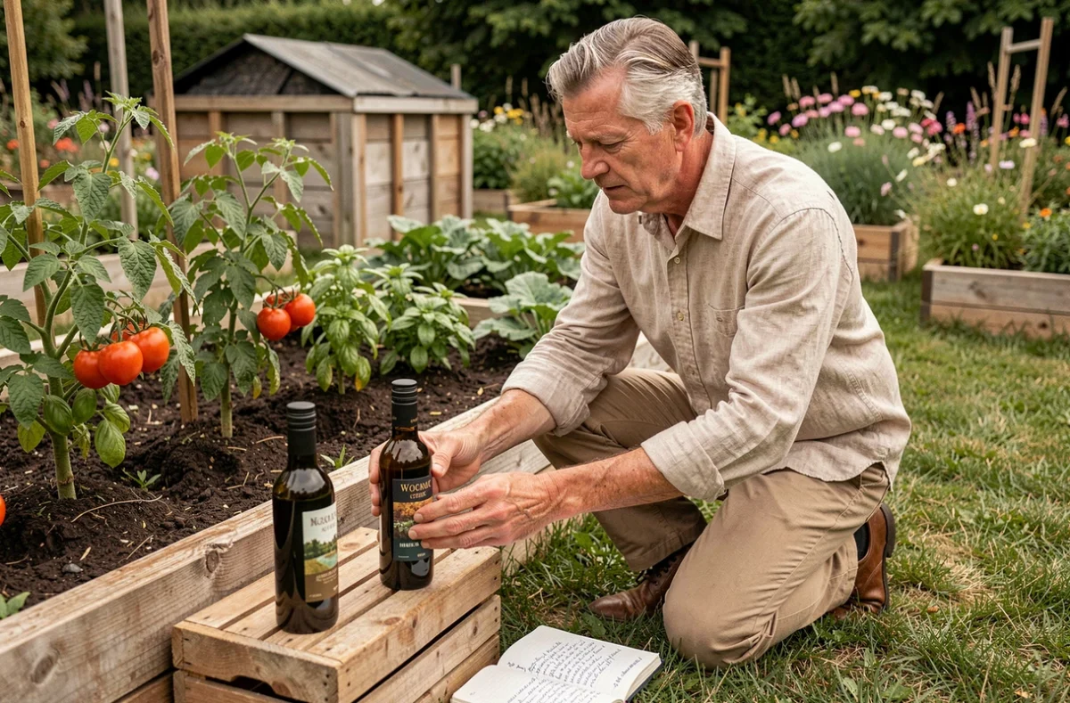 Jardinier comparant deux bouteilles de vinaigre pour choisir le meilleur désherbant naturel respectueux de la biodiversité