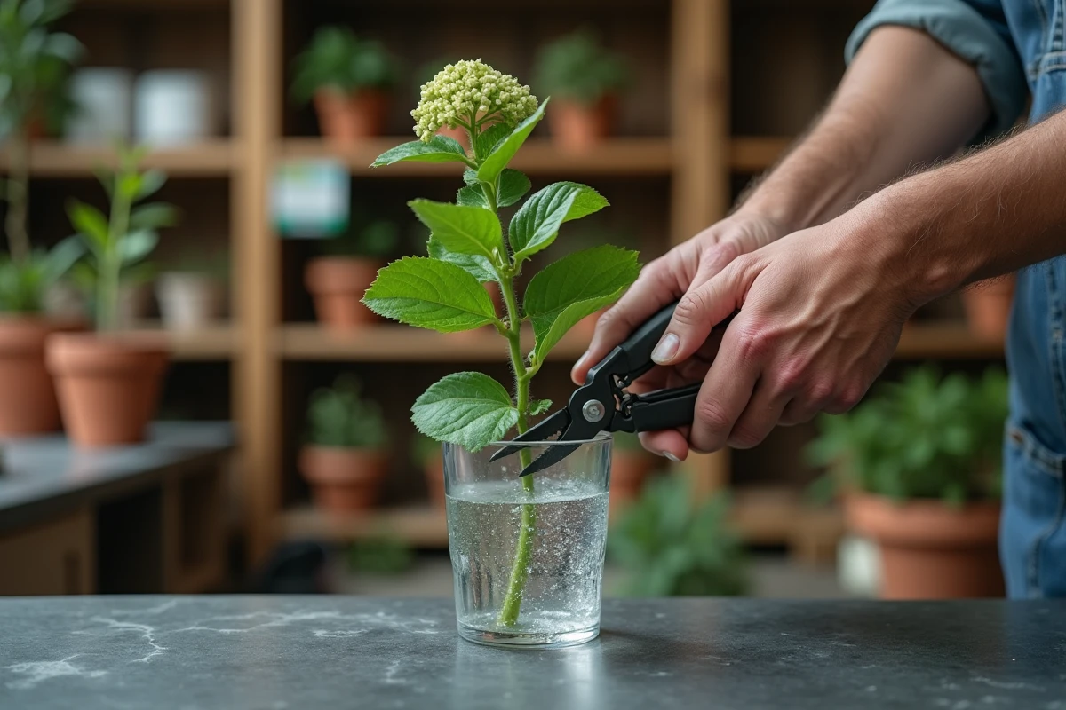 Mains de jardinier coupant une tige d'hortensia en biais avec un sécateur pour préparer une bouture