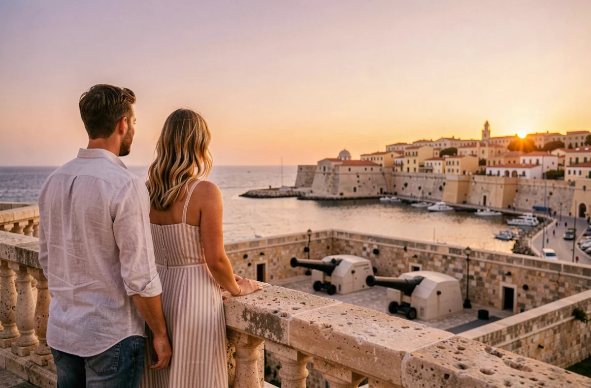 Couple admirant le coucher du soleil depuis la terrasse des jardins de la Barrakka à Malte avec vue sur le Grand Port