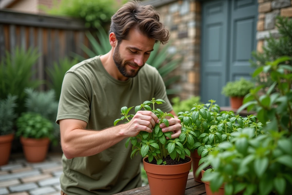 Homme pinçant des feuilles de basilic à la main dans un jardin d'herbes aromatiques en plein air