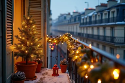 Balcon parisien décoré pour Noël avec des guirlandes lumineuses blanc chaud, une mini sapinette et des lanternes rouges sur fond de toits enneigés au crépuscule