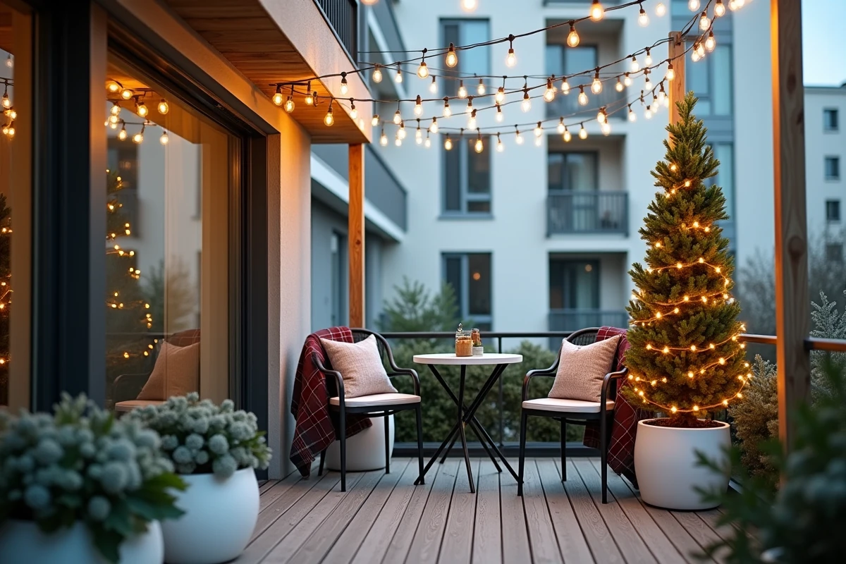 Terrasse moderne décorée pour Noël avec guirlandes lumineuses en voûte, cyprès illuminé en spirale et mobilier cosy avec plaids à carreaux