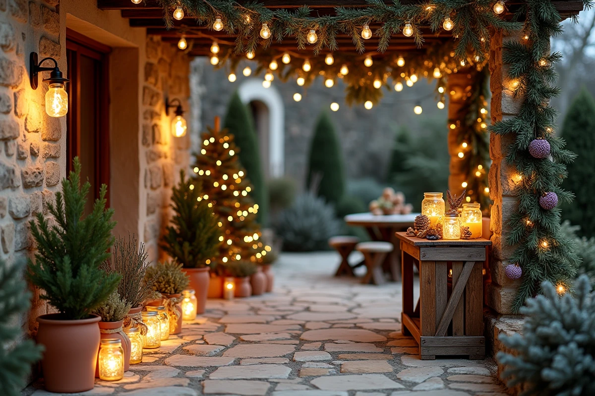 Terrasse provençale en pierre décorée pour Noël avec bocaux lumineux, romarin en forme de sapin, pinecônes givrées et guirlandes rustiques en jute