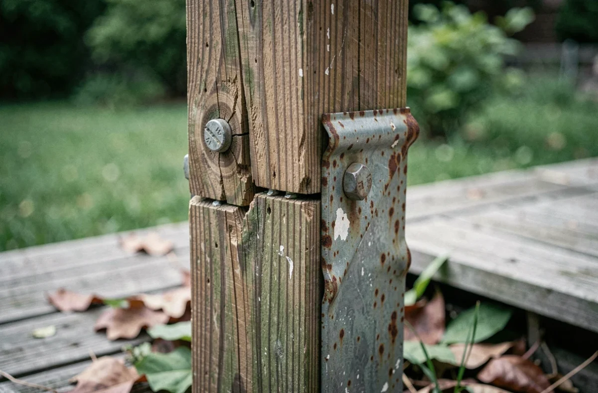 Détail d'un joint de pergola défaillant avec poteau fissuré, boulon arraché et équerre métallique rouillée suite à une mauvaise pose