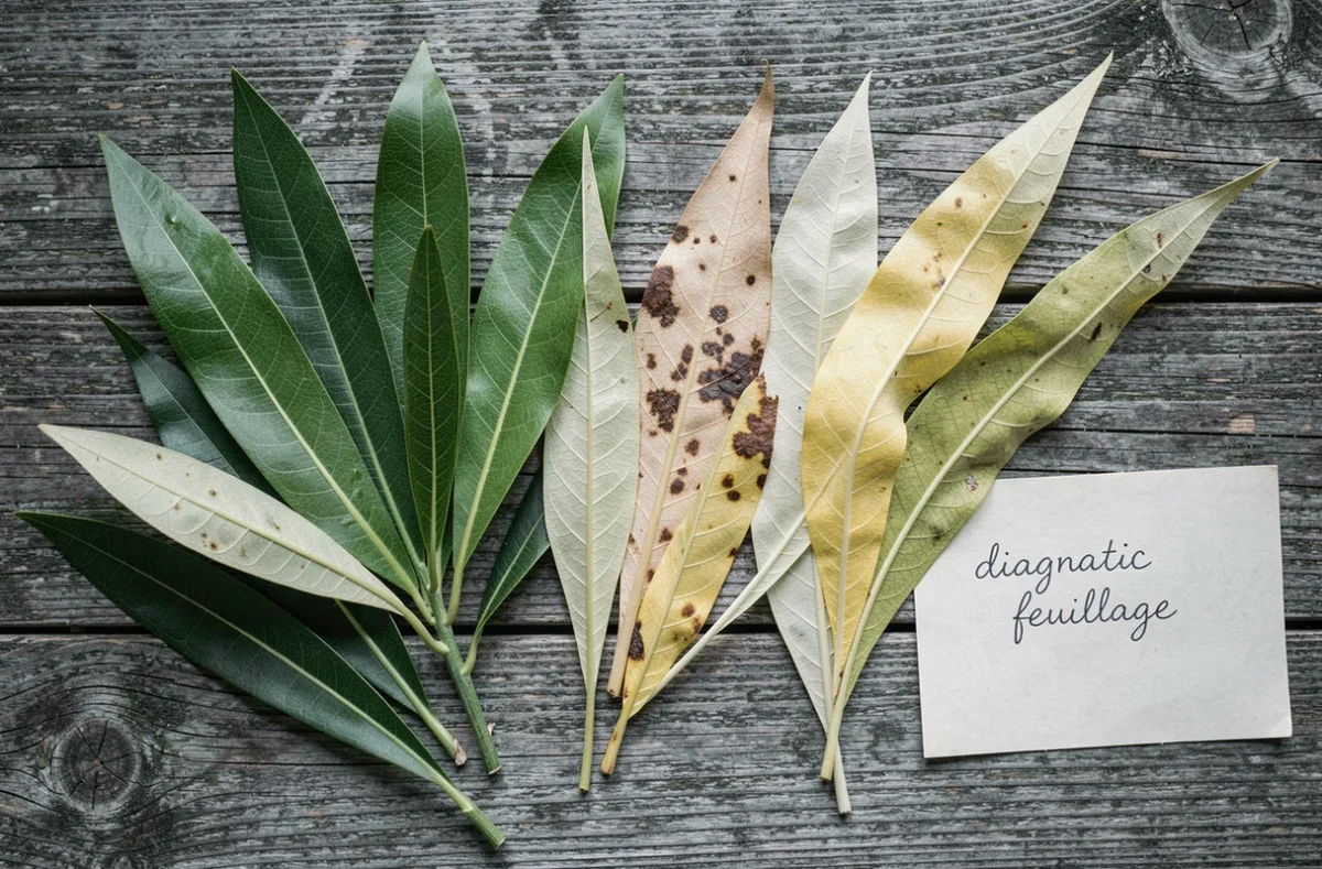 Comparaison de feuilles de laurier rose saines et malades disposées sur bois pour diagnostic estival