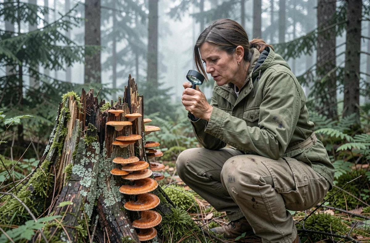 Écologue observant des champignons orange sur une souche de pin mort en forêt boréale brumeuse