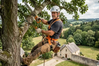 Élagueur professionnel en Corrèze grimpant dans un chêne avec harnais de sécurité et équipement certifié