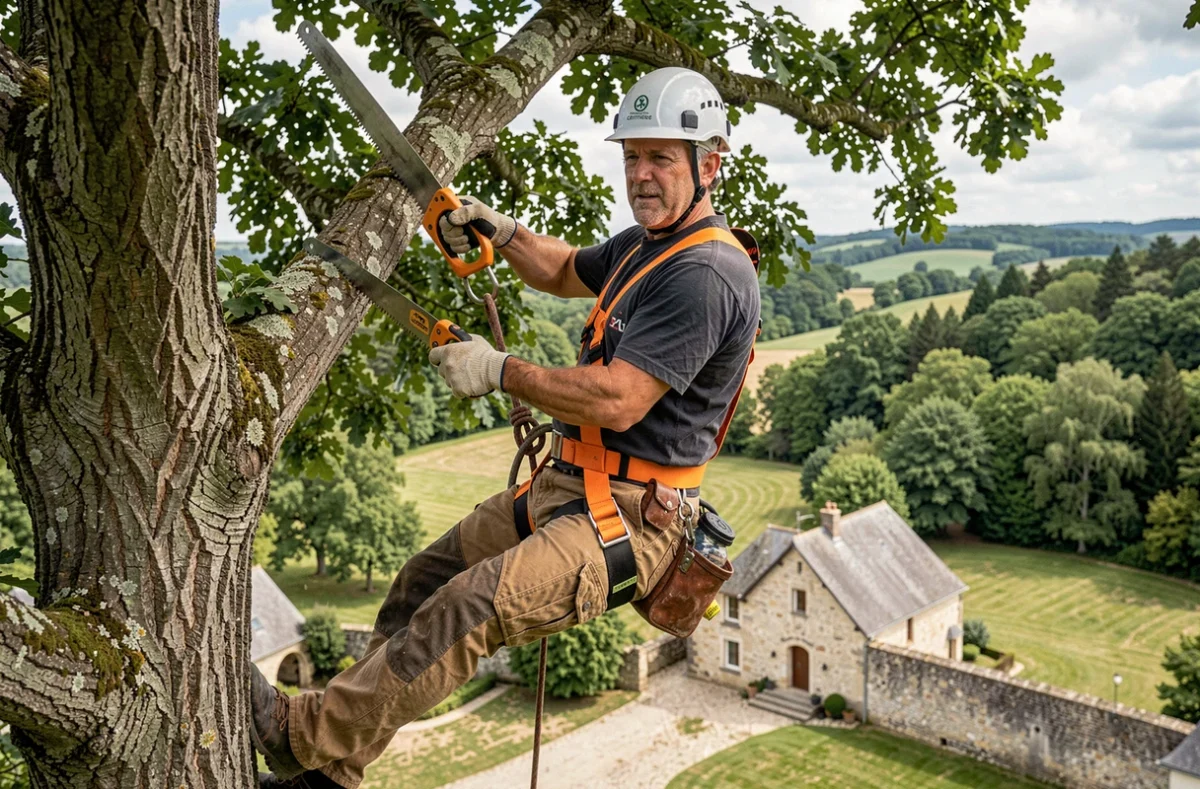 Élagueur professionnel en Corrèze grimpant dans un chêne avec harnais de sécurité et équipement certifié