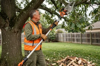 Élagueur professionnel utilisant un élagueuse télescopique Wolf pour tailler les branches hautes d'un chêne dans un jardin
