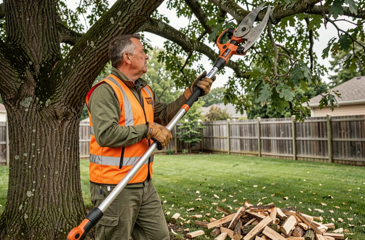Élagueur professionnel utilisant un élagueuse télescopique Wolf pour tailler les branches hautes d'un chêne dans un jardin