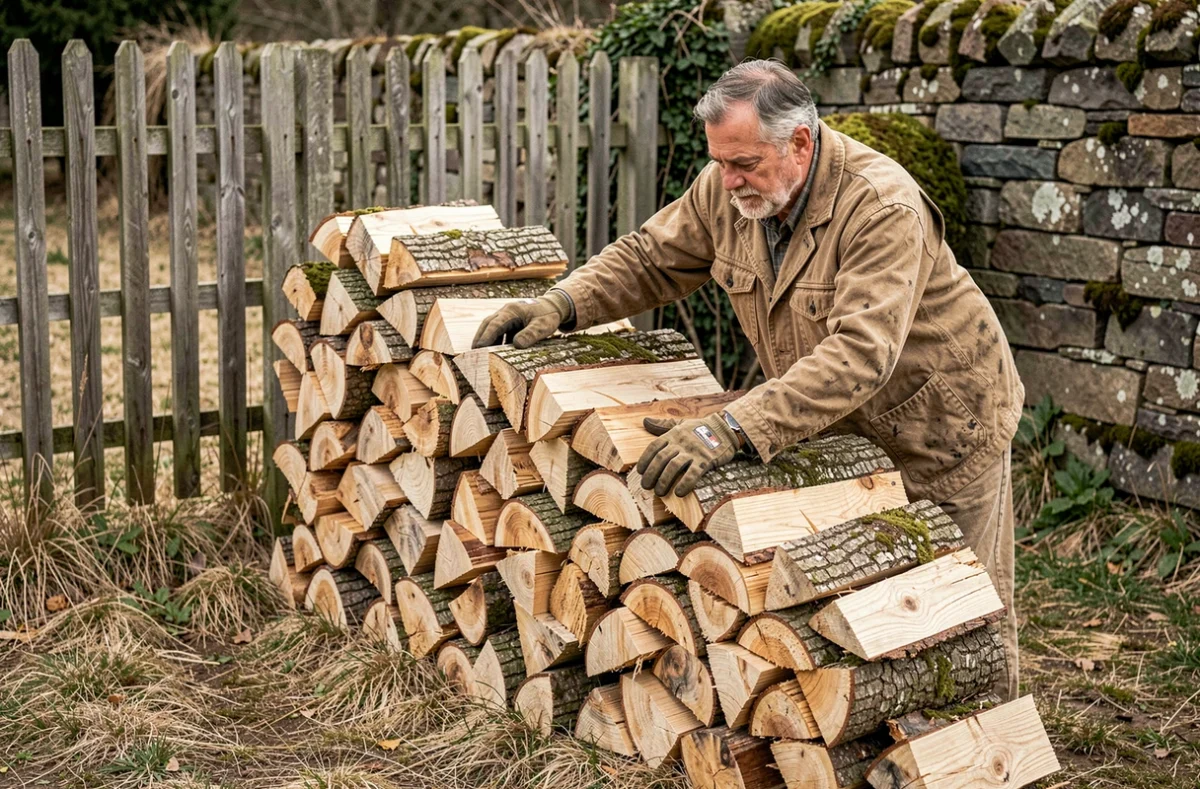 Homme empilant des bûches de bois de chauffage en grume dans un jardin rural pour calculer ses stères
