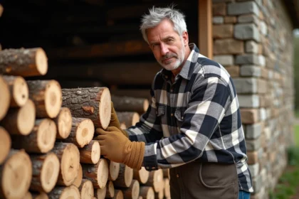 Homme empilant des bûches de hêtre fendues en stères contre une grange en pierre, illustrant le poids et la densité du bois de chauffage