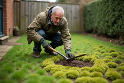 Homme d'âge mûr qui enlève la mousse sur sa pelouse avec un scarificateur râteau dans un jardin résidentiel au printemps