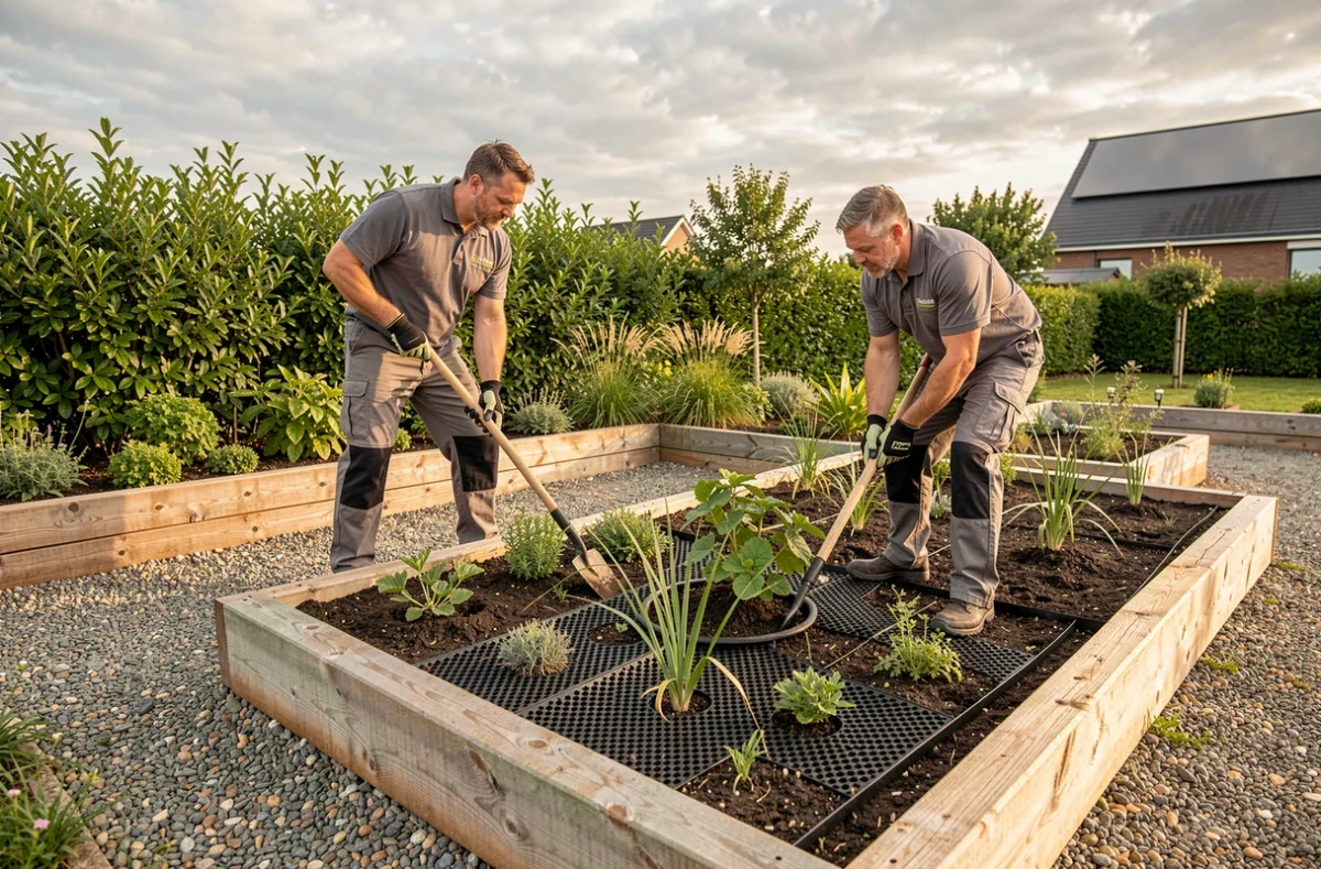 Équipe d'Environet installant un aménagement paysager écologique avec des plantes indigènes dans un jardin landais