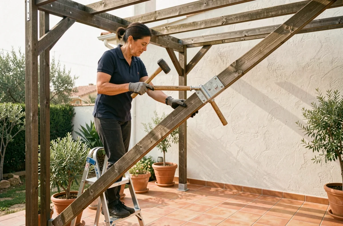 Femme sur un escabeau tentant de corriger un assemblage de poutre mal positionné sur une pergola de jardin