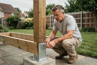 Homme examinant un ancrage de poteau mal aligné sur une pergola 5x4 Brico Dépôt dans un jardin résidentiel