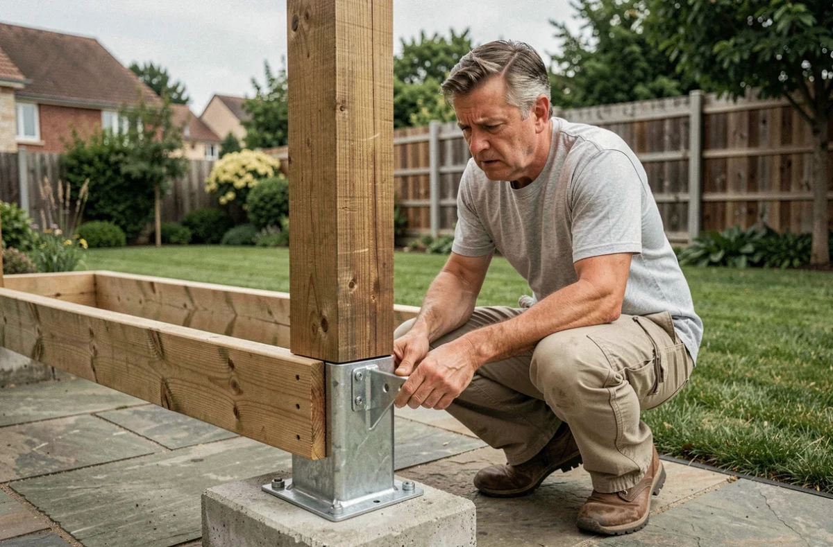 Homme examinant un ancrage de poteau mal aligné sur une pergola 5x4 Brico Dépôt dans un jardin résidentiel