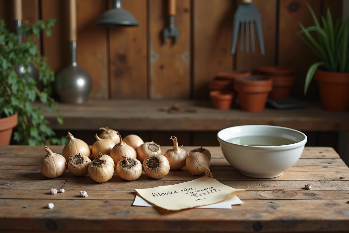 Comparaison de bulbes de jacinthe sains et abîmés sur un établi de jardinage avec outils et conseils de plantation