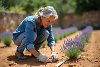 Jardinière mesurant l'espacement entre des plants de lavande dans un jardin méditerranéen au sol argileux sec