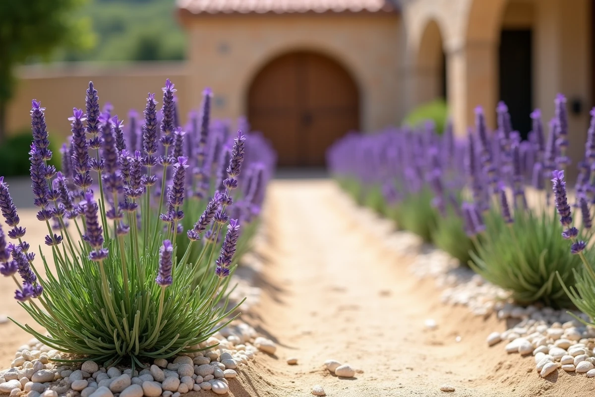 Rangées de lavandes en fleurs bien espacées dans un jardin sec avec sol sableux et paillage de galets blancs