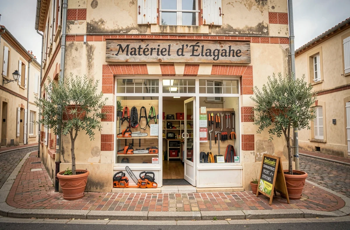 Façade d'un magasin spécialisé en matériel d'élagage dans une rue de province française