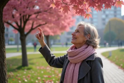 Femme dans un parc automnal examinant un arbre à feuillage rose
