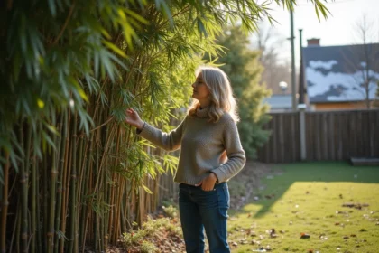 Femme inspectant un bambou dense dans un jardin suburbain