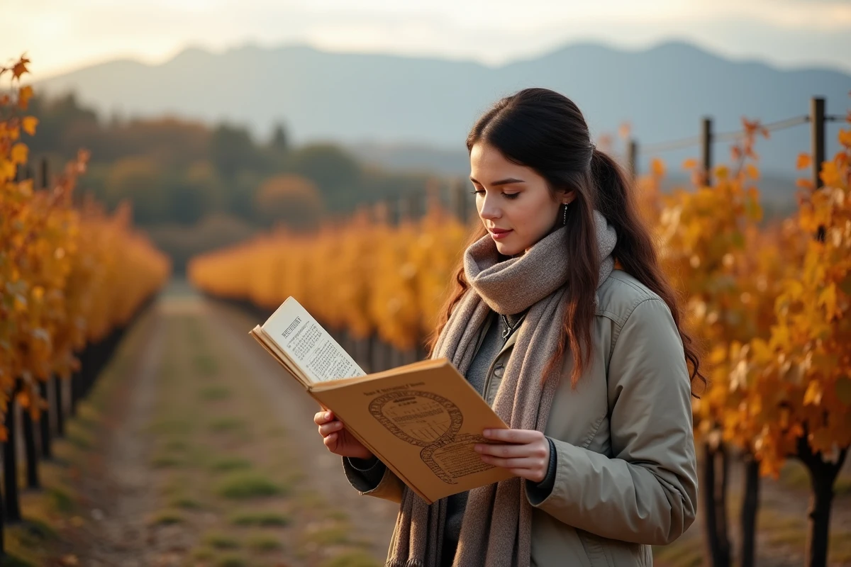 Jeune femme regardant un calendrier lunaire dans le vignoble