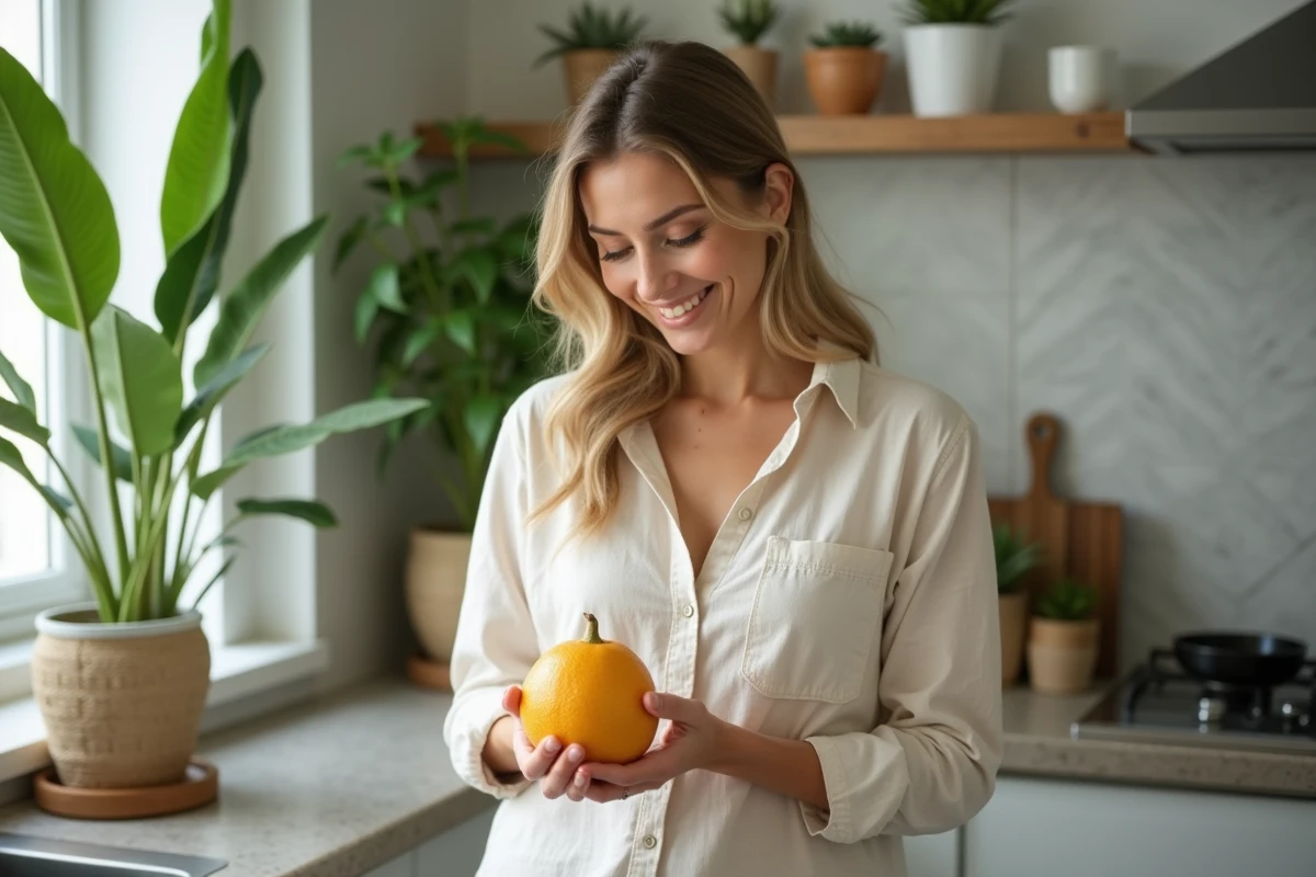Femme tenant un fruit ceriman dans une cuisine lumineuse