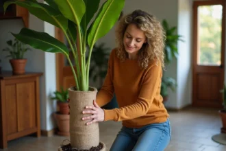 Femme enveloppant un bananier avec du jute dans une entrée chaleureuse