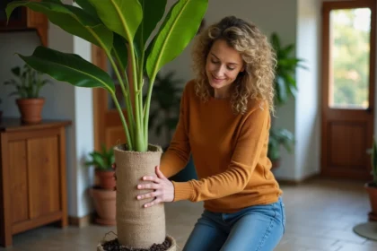 Femme enveloppant un bananier avec du jute dans une entrée chaleureuse