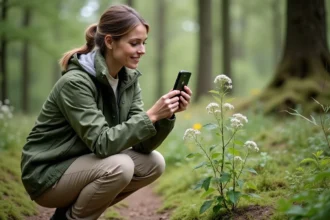 Femme utilisant l'application PlantNet sur smartphone pour identifier une plante sauvage en forêt