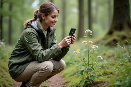 Femme utilisant l'application PlantNet sur smartphone pour identifier une plante sauvage en forêt