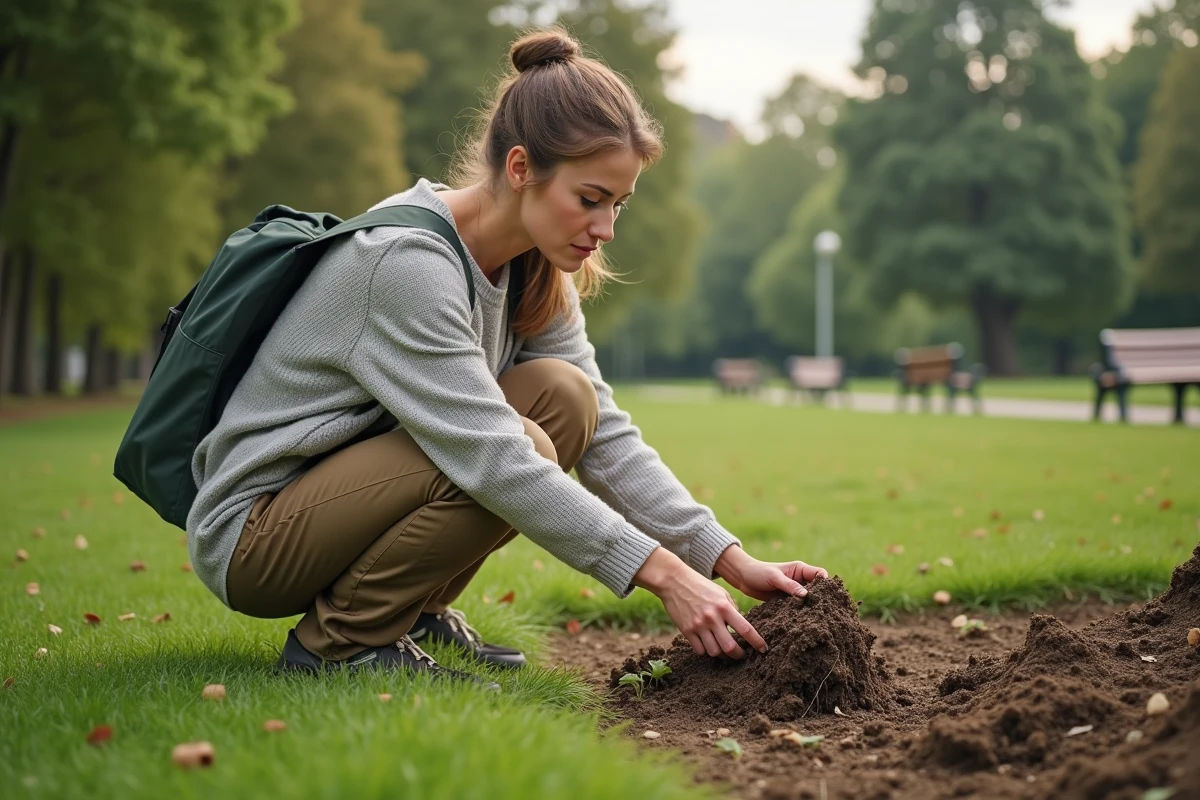Jeune femme inspectant des débris de tonte dans un parc public