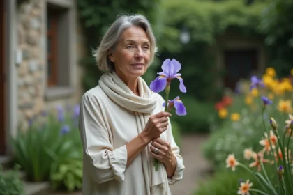 Femme contemplant une iris dans un jardin paisible
