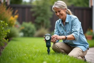 Femme d'âge moyen ajustant un programmateur d'arrosage dans le jardin