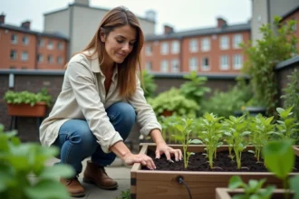 Femme plantant des jeunes légumes sur un toit urbain
