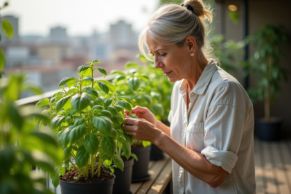 Femme inspectant un basilic sur balcon ensoleille