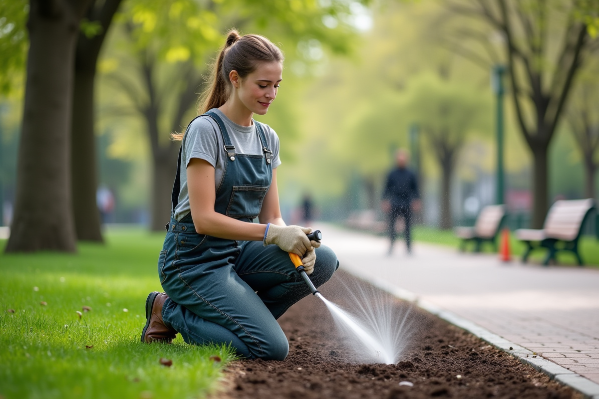 Jeune femme en tenue de jardinage arrosant la pelouse