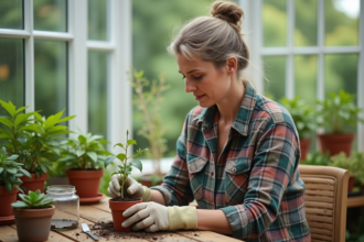 Femme en plaid plantant une feuille dans un pot de terre