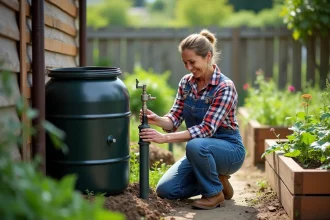 Femme en salopette en jean et chemise à carreaux près d'un tonneau d'eau de pluie