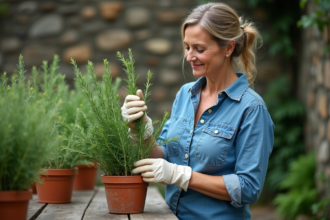 Femme en chemise en denim et gants de jardinage cueillant du romarin