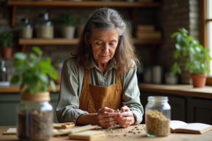Femme d'âge moyen examinant des graines dans une cuisine chaleureuse