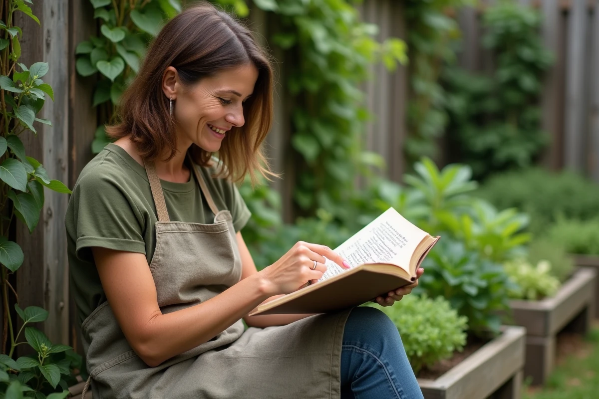 Femme lisant un livre sur la permaculture dans un jardin potager cultivé en permaculture
