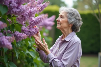 Femme inspectant des fleurs de lilas japonais au printemps