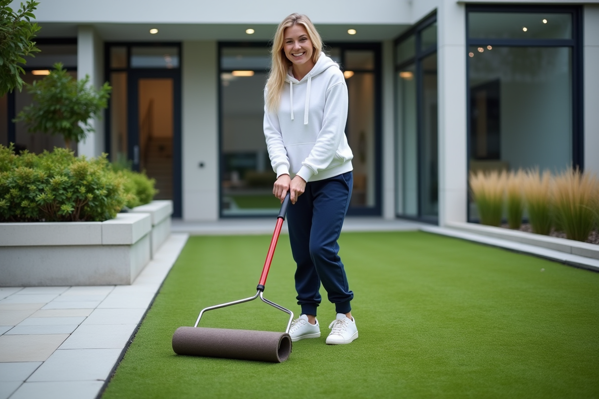 Jeune femme en jogging et hoodie posant dans une cour urbaine en installant du gazon